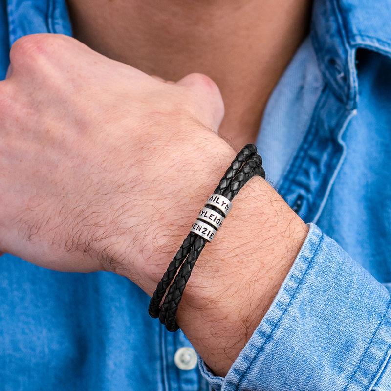 Men's Black Leather Bracelet – Customizable with Silver or Gold Finishes 