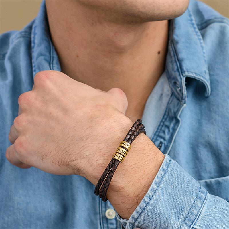 Men's Black Leather Bracelet – Customizable with Silver or Gold Finishes 